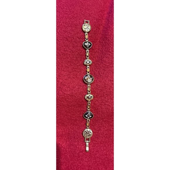 Gold-tone Vtg Scroll Charm Bracelet w/ Black Enamel, Yellow Crystal Accents 7.5” - Picture 1 of 11